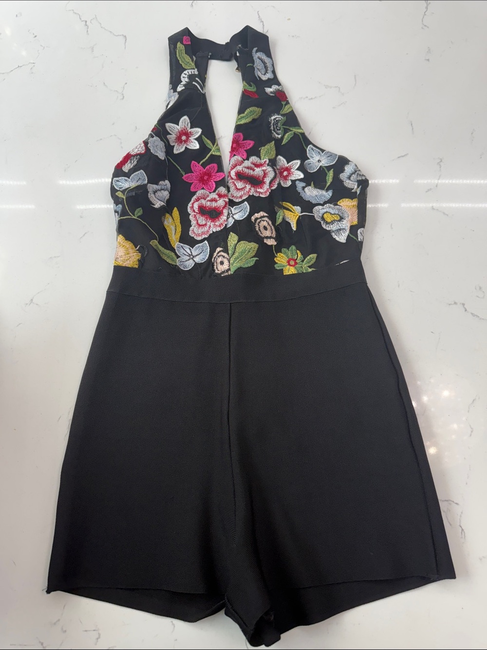 bebe Black Halter Romper with Multicolor Floral Embroidery